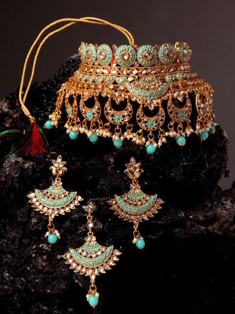 

ANIKAS CREATION Gold-Plated & Sea Green Handcrafted Bridal Look Enamelled Jewellery Set