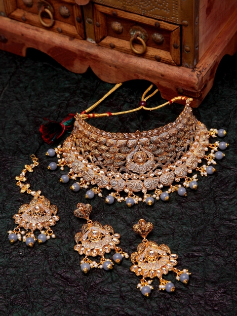

ANIKAS CREATION Gold-Plated & Grey Handcrafted Bridal Look Enamelled Jewellery Set