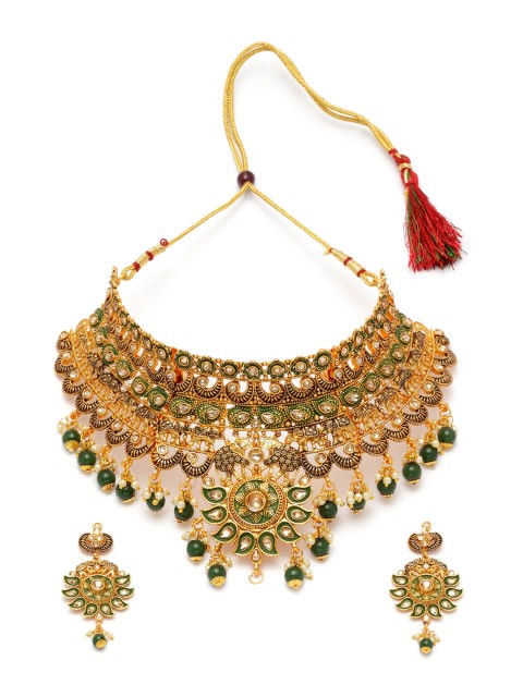 

ANIKAS CREATION Gold-Plated & Green Handcrafted Bridal Look Enamelled Jewellery Set