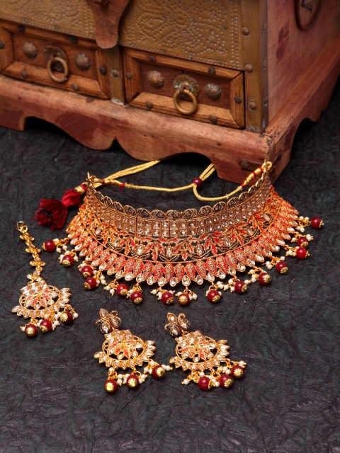 

ANIKAS CREATION Gold-Plated & Red Handcrafted Bridal Look Enamelled Jewellery Set