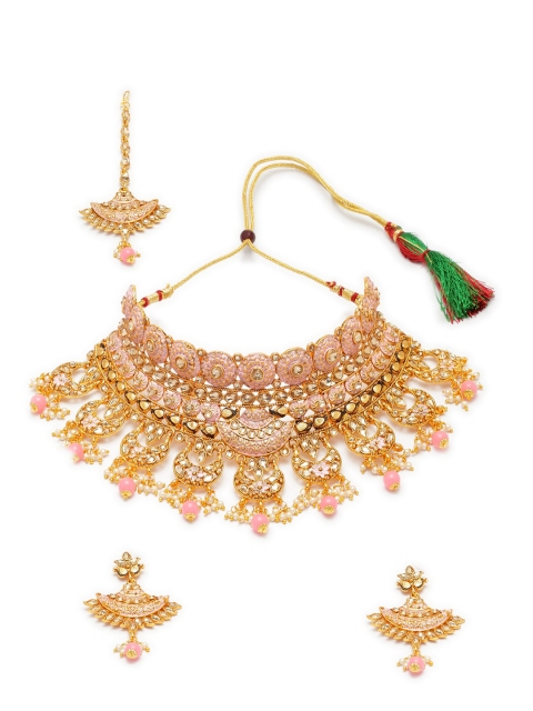 

ANIKAS CREATION Gold-Plated & Pink Handcrafted Bridal Look Enamelled Jewellery Set