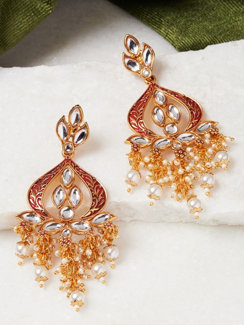 

GloBox By ZeroKaata Gold-Plated & Maroon Kundan Classic Drop Earrings