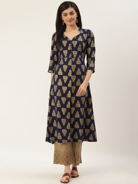 

Varkha Fashion Women Navy Blue & Golden Printed A-Line Kurta