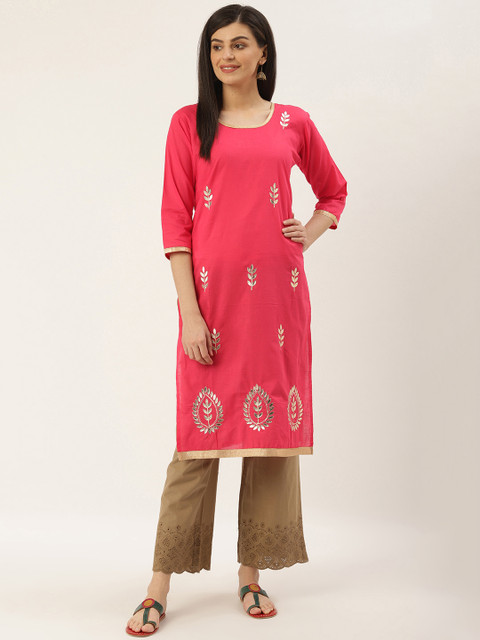 

Varkha Fashion Women Pink & Golden Gotta Patti Detail Straight Kurta