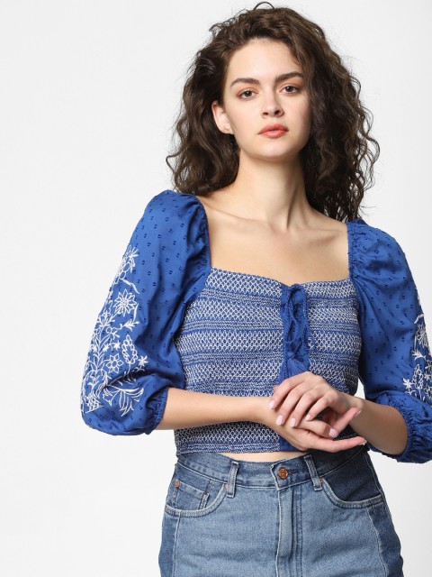 

ONLY Women Blue & White Self Design Smocked Puff Sleeve Crop Top with Embroidery