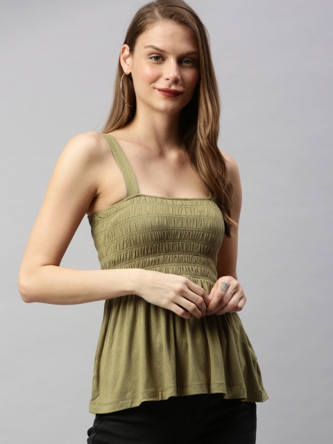 

ONLY Women Olive Green Solid A-Line Pure Cotton Top with Smocking