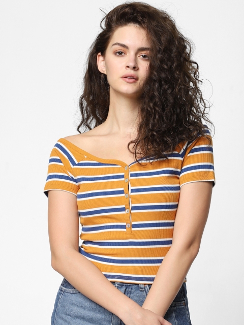 

ONLY Women Mustard Yellow & Blue Striped Fitted Top