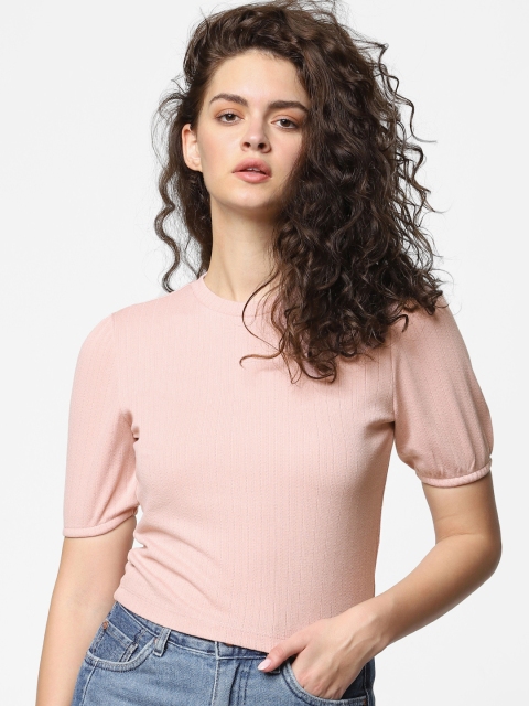 

ONLY Women Pink Solid Fitted Top With Puff Sleeves