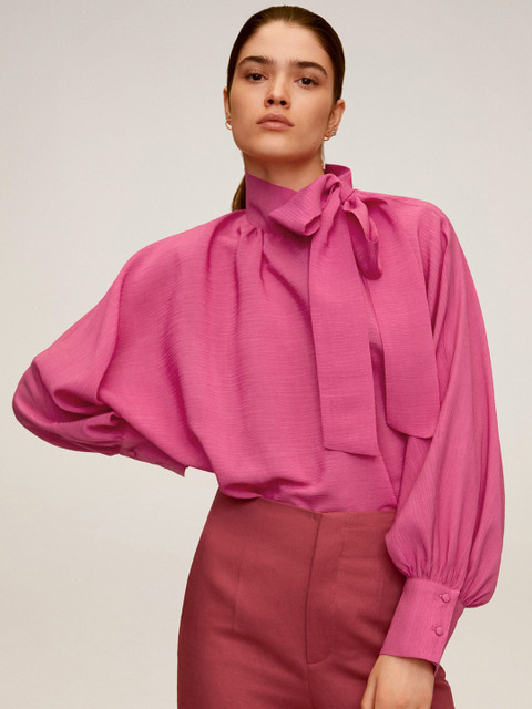

MANGO Women Pink Solid Tie-Up Neck Top