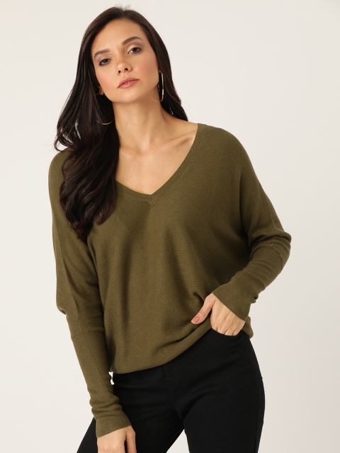 

MANGO Women Olive Green Solid Boxy Pullover