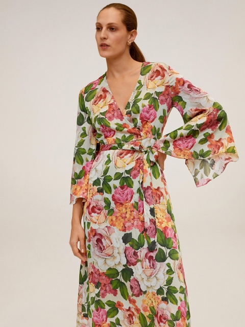 

MANGO Women Off-White & Pink Floral Print Wrap Dress