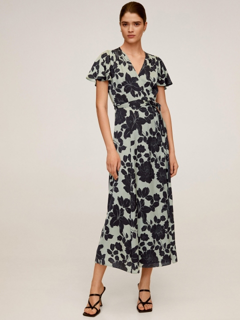 

MANGO Green & Black Floral Printed Midi Dress