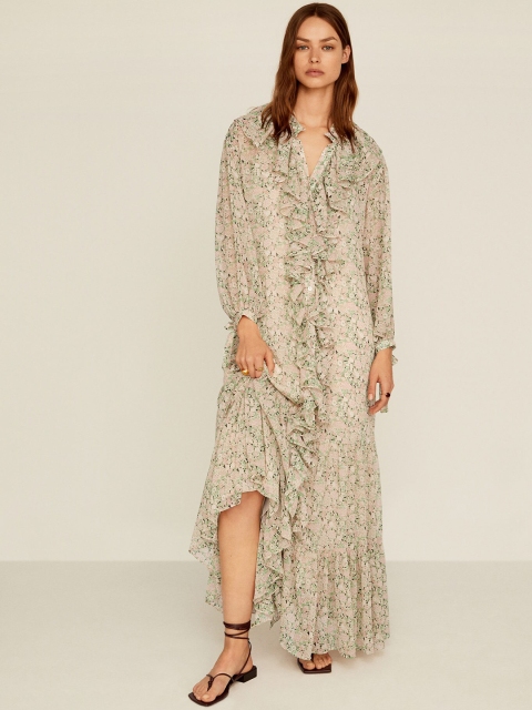 

MANGO Women Beige & Pink Floral Print Ruffled Maxi Dress