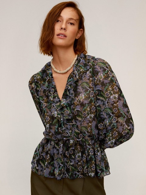 

MANGO Women Black & Purple Printed A-Line Top