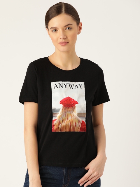 

MANGO Women Black & Red Graphic Printed Pure Cotton T-shirt
