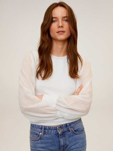 

MANGO Women White Solid Puff Sleeves Pullover