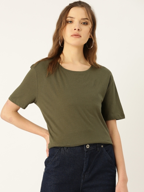 

MANGO Women Olive Green Solid Round Neck T-shirt