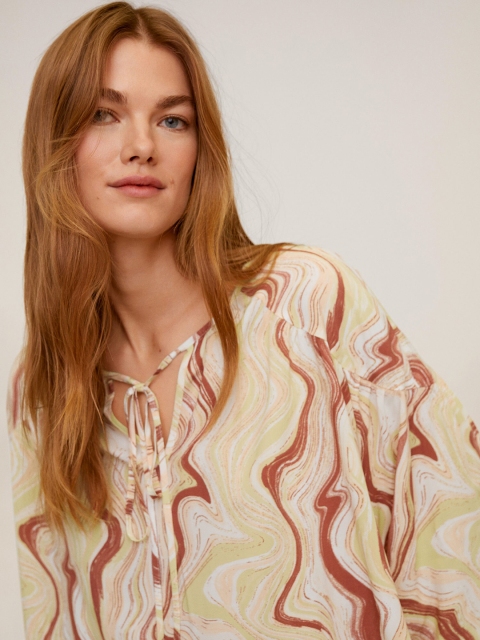 

MANGO Women Off-White & Brown Printed A-Line Top