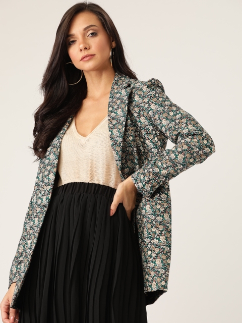 

MANGO Women Off-White & Green Floral Print Single-Breasted Longline Blazer