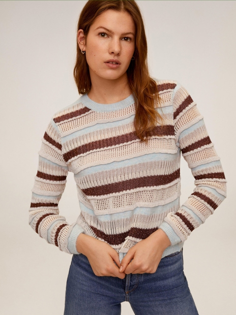 

MANGO Women Beige & Brown Striped Pullover