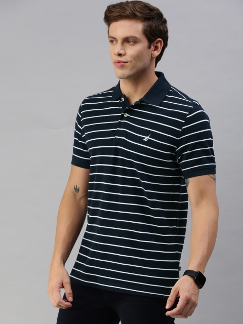 

Nautica Men Navy Blue White Striped Polo Collar Pure Cotton T-shirt