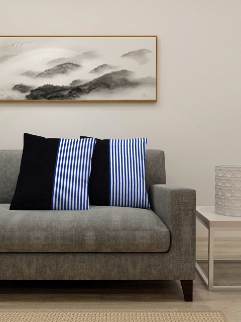 

NEUDIS Black & Blue Set of 2 Colourblocked Square Cushion Covers