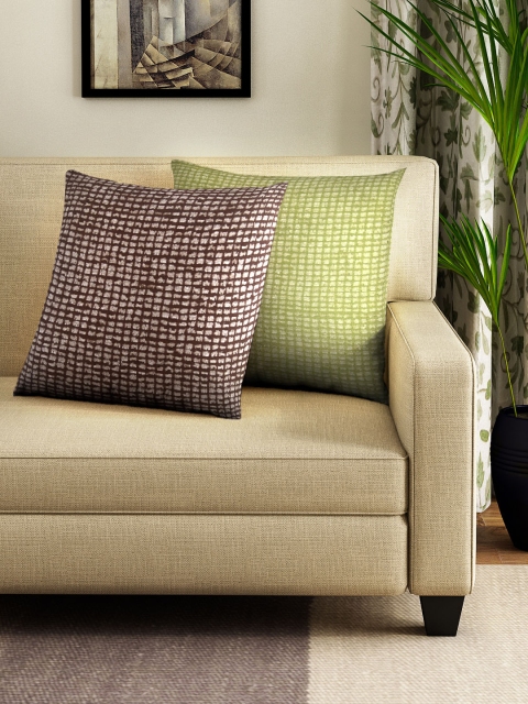 

NEUDIS Green & Brown Set of 2 Self Design Square Cushion Covers