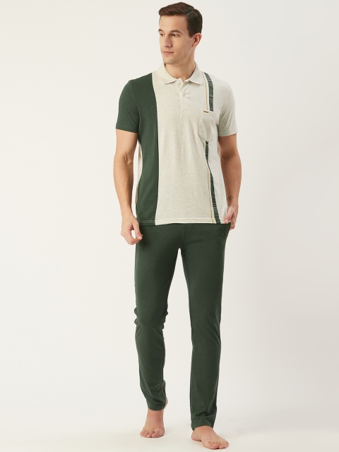 

Sweet Dreams Men Off-White & Olive Green Colourblocked Night Suit