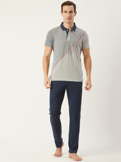 

Sweet Dreams Men Grey Melange & Navy Blue Printed Night Suit