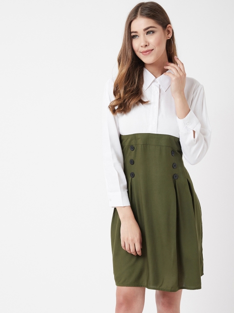 

The Dry State Women Olive Green & White Colourblocked Shirt Dress