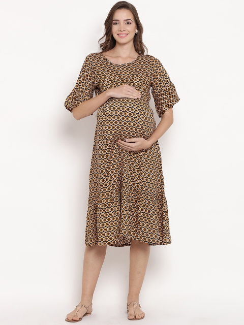 

Mine4Nine Women Mustard Yellow & Black Printed Maternity A-Line Dress
