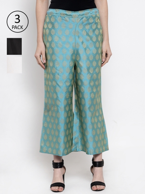 

TAG 7 Women Pack Of 3 Self Design Wide Leg Palazzos, Sea green