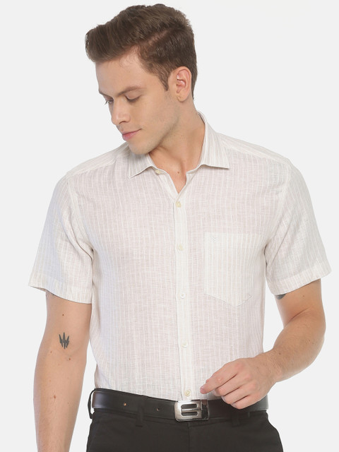 

Linen Club Men Off-White Regular Fit Striped Linen Formal Shirt