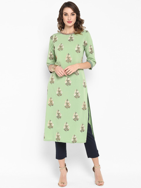 

Janasya Women Green & Gold-Toned Printed Straight Kurta