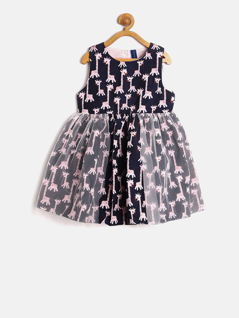 

YK Girls Navy Blue & Pink Jacquard Fit and Flare Dress