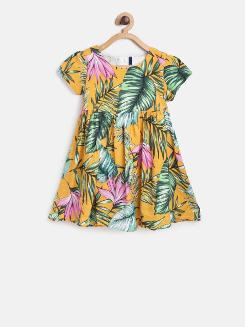 

YK Girls Mustard Yellow Tropical Print Fit and Flare Dress