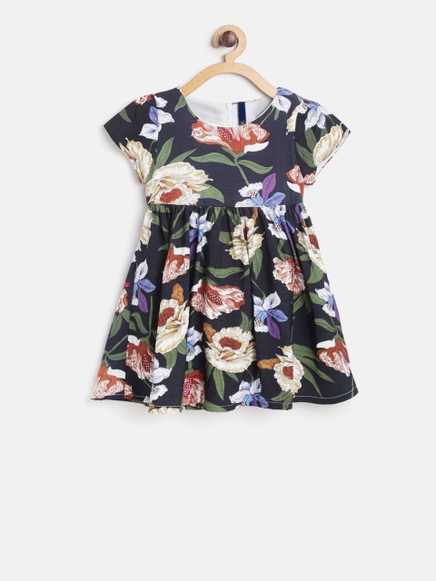 

YK Girls Navy Blue Floral Print Fit and Flare Dress