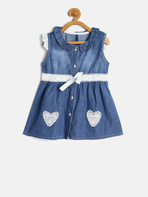 

YK Girls Blue Solid Fit and Flare Denim Dress