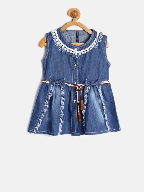 

YK Girls Blue Solid Denim Fit and Flare Dress with Brown Belt