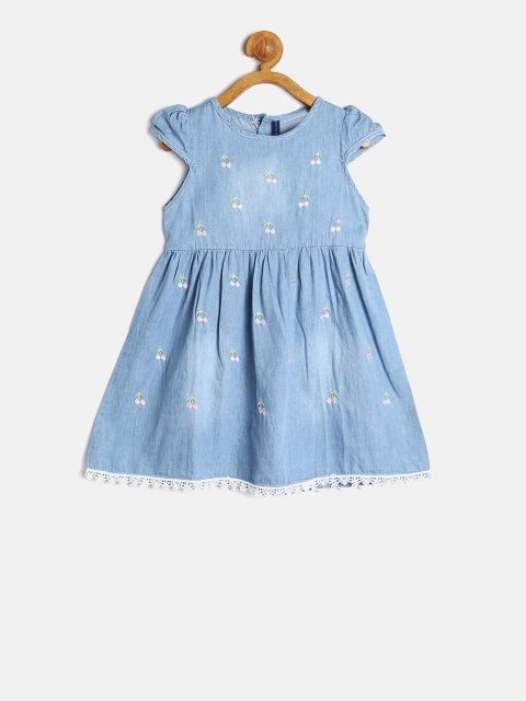 

YK Girls Blue Printed Fit and Flare Denim Dress with Embroidered Detail
