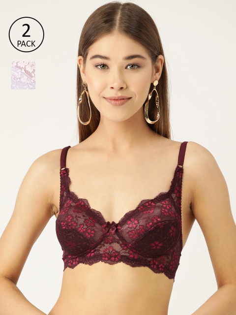 

DressBerry Pack of 2 Lace Non-Wired Non Padded Everyday Bras DB-FL-BRA-030, Burgundy