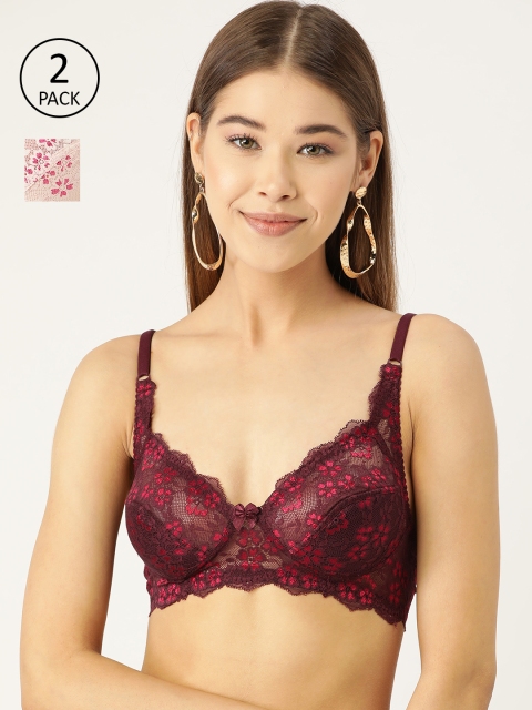 

DressBerry Pack of 2 Lace Non-Wired Non Padded Everyday Bras DB-FL-BRA-030, Burgundy