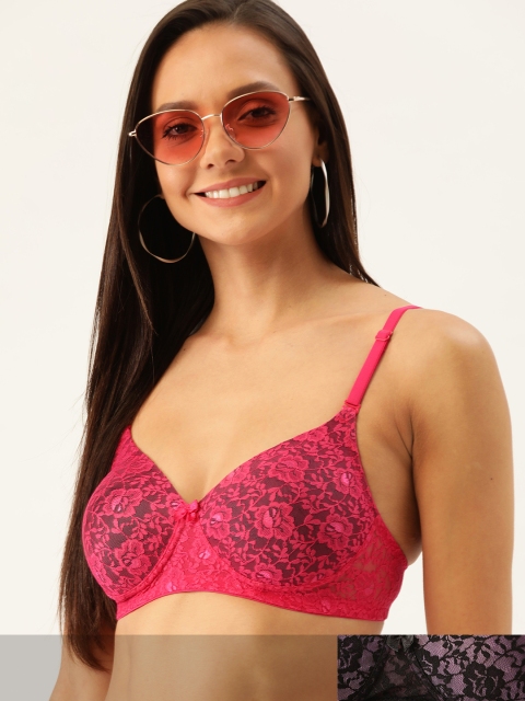 

DressBerry Pack of 2 Lace Non-Wired Lightly-Padded Seamless Everyday Bras DB-MLP-BRA-030, Pink