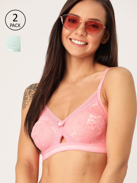 

DressBerry Pack of 2 Lace Non-Wired Non-Padded Everyday Bras 030, Pink