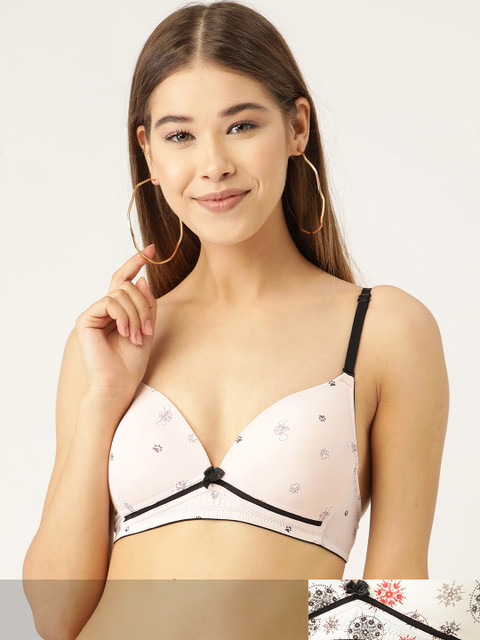

DressBerry Pack of 2 Printed Non-Wired Lightly Padded Plunge Bras DB-WPD-BRA-030, Off white
