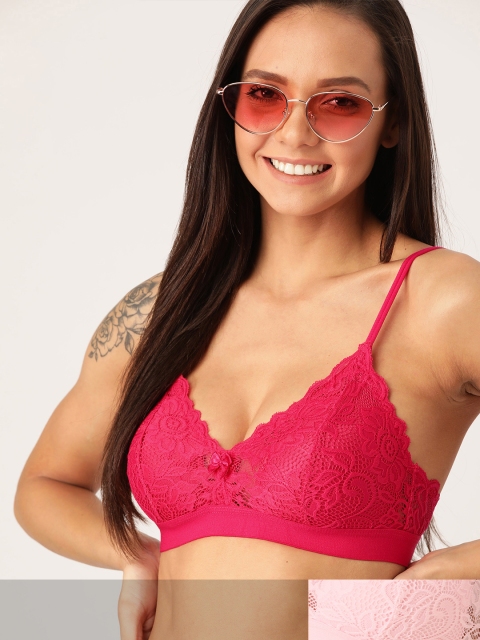 

DressBerry Pack of 2 Lace Non-Wired Lightly Padded Everyday Bras 030, Pink