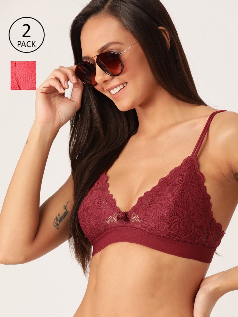 

DressBerry Pack of 2 Lace Non-Wired Lightly Padded Bralette Bras 030, Maroon