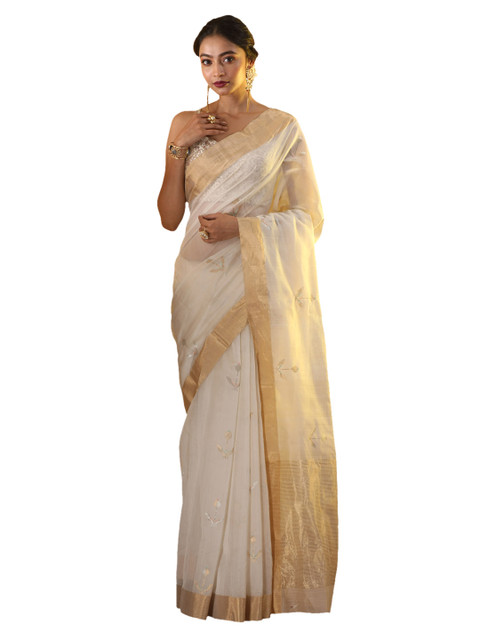 

Aryavart White & Gold-Toned Silk Cotton Woven Design Chanderi Saree