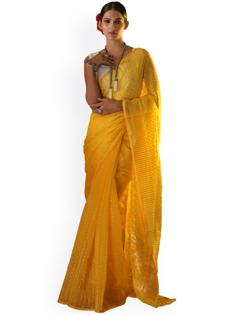 

Aryavart Yellow & Gold-Coloured Cotton Blend Woven Design Jamdani Saree