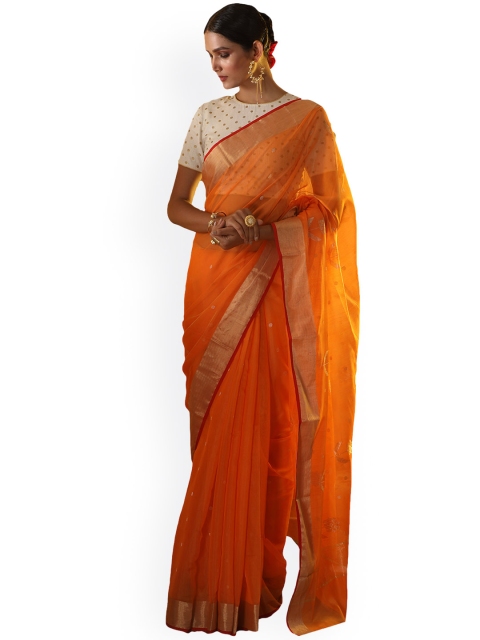 

Aryavart Orange & Gold-Toned Silk Cotton Woven Design Chanderi Saree